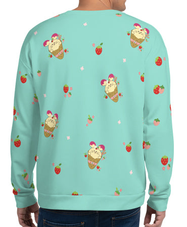Strawberry Babee All-Over-Print Unisex Sweatshirt Mint Specialty Made to Order by Fat Rabbit Farm